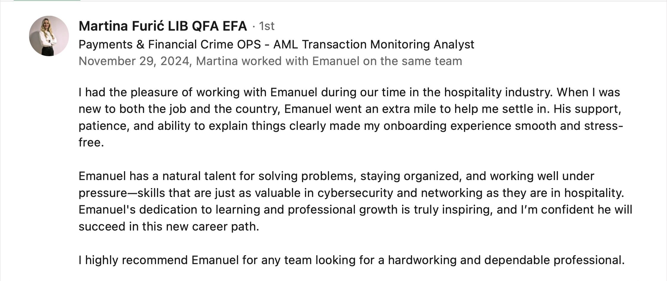 LinkedIn recommendation from colleague